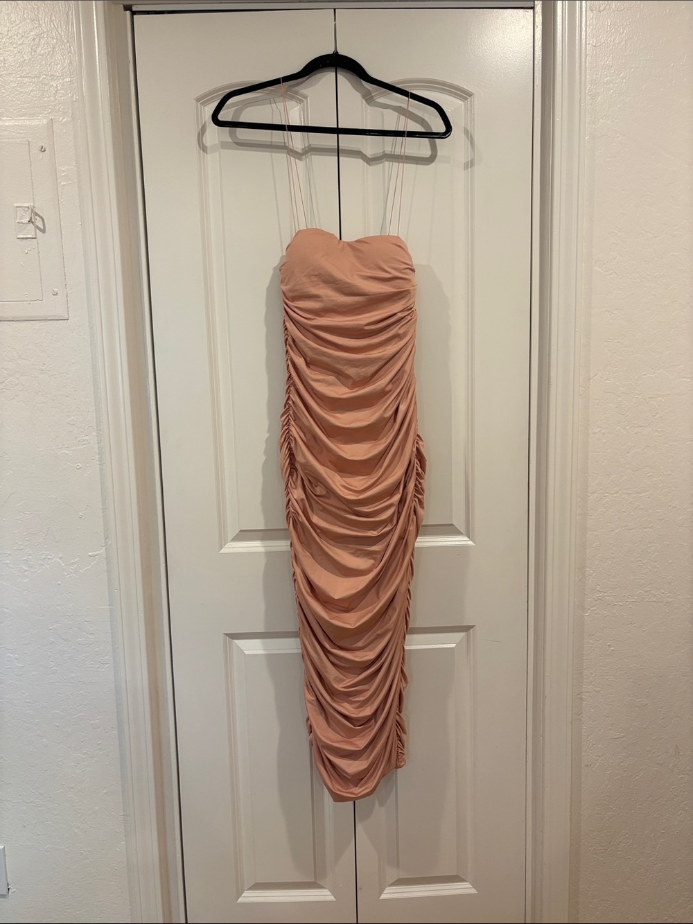 Oh Polly Strapless Ruched Midi Dress in Blush